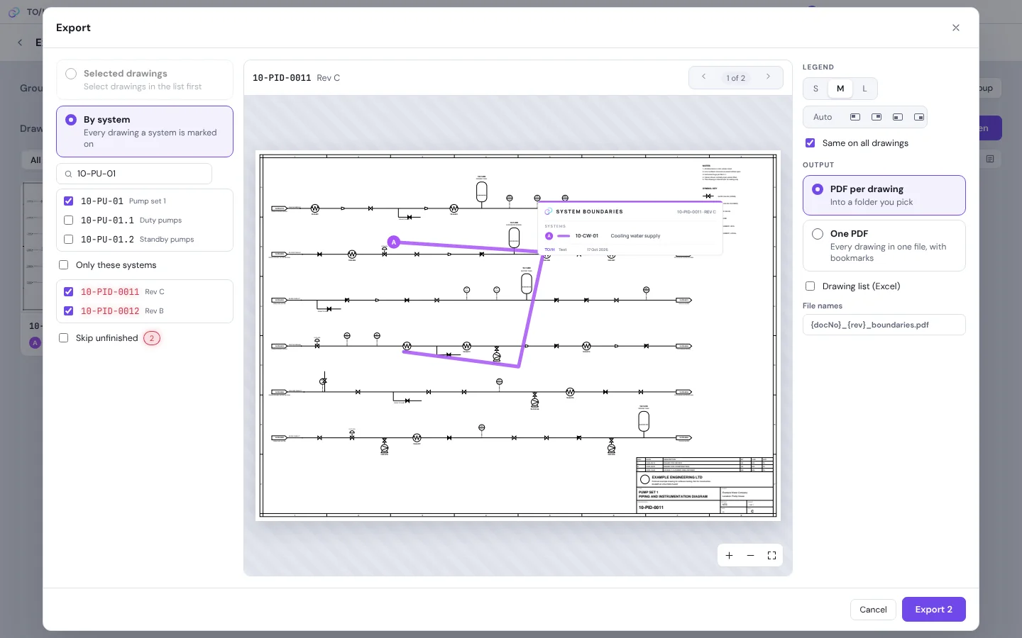 Export window with a preview of the finished PDF